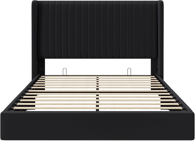 Allewie Full Size Lift Up Storage Bed Frame, Hydraulic Support System, Upholstered Platform Bed Frame, Underneath Storage, Vertical Channel Tufted Headboard with Wingback, No Box Spring Needed, Black