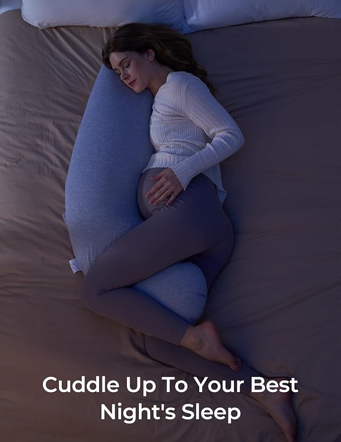 Momcozy Pregnancy Pillows for Side Sleeping, J Shaped Maternity Body Pillow for Pregnancy, Soft Pregnancy Pillow with Jersey Cover for Head Neck Belly Support, Grey
