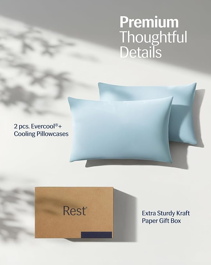 REST® Evercool®+ Cooling Pillowcases Standard - 2 Pillowcase for Sensitive Skin, Silver Infused Fabric for Hygienic Sleep, Silky Smooth for Curly Hair, High Elastic for Snug Fit (19x29 inches)