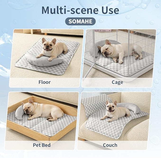 SOMAHE Pet Cooling Mats Pad for Dogs, Portable Summer Self-Cooling Mat with Removable Crescent Pillow for Small Dogs & Cats (Q-Max>0.5), Non-Toxic, All-Day Cooling, 27 x 20 Inches Grey
