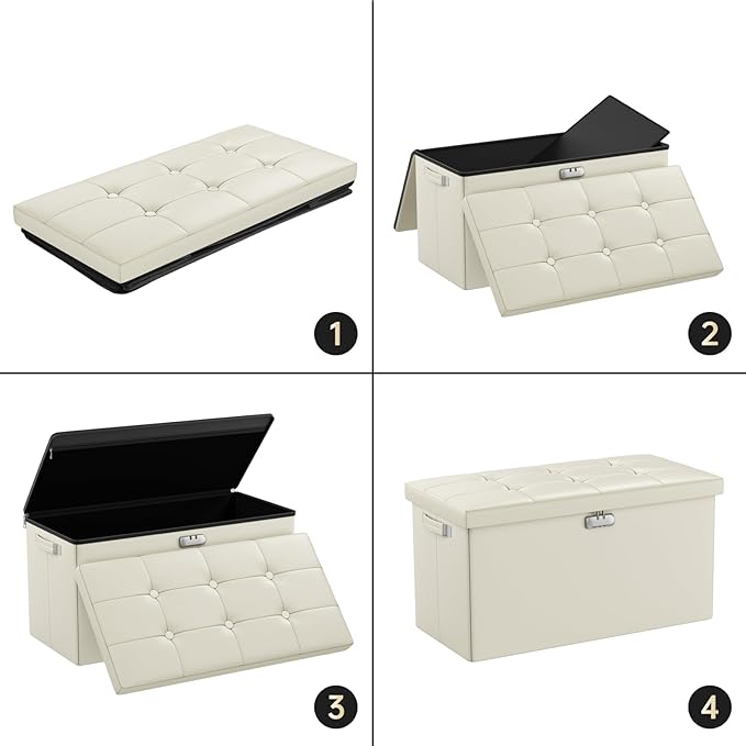 ENGPOW Storage Ottoman Bench,Fireproof Folding Bench with Lock,30 Inches Fire&Water Resistant Storage Chest Foot Rest Stool Leather Bedroom Ottoman Safe for Documents,Valuables, Beige