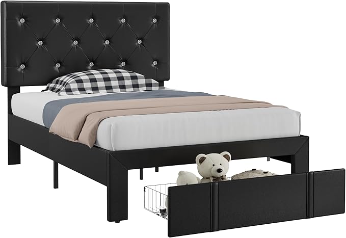 VECELO Twin Size Bed Frame with Storage Drawers, Leather Upholstered Bedframe with Diamond Tufted Headboard, Solid Wood Slat Support, No Box Spring Needed, PU Black