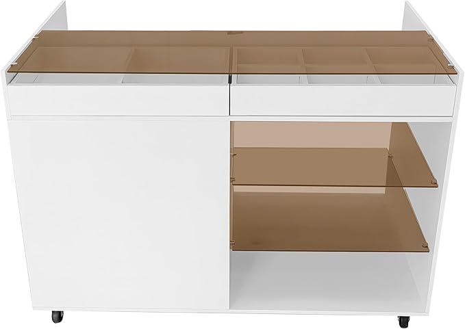 Movable Storage Cabinet Island, 43.3" Multi-Functional Island with 3 Side Drawer, a Reversible Top Storage Space and Two Glass Display Shelves, Vanity Table