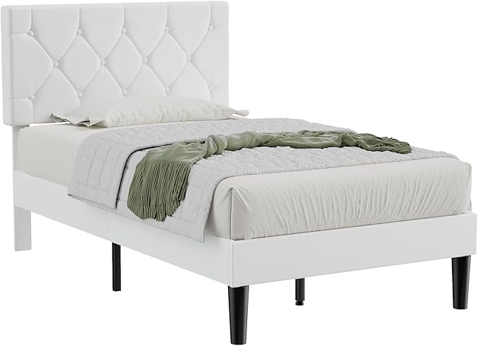 VECELO Twin Size Bed Frame with Button Tufted Headboard, Upholstered Platform Bedframe with Wood Slat Support, No Box Spring Needed, White