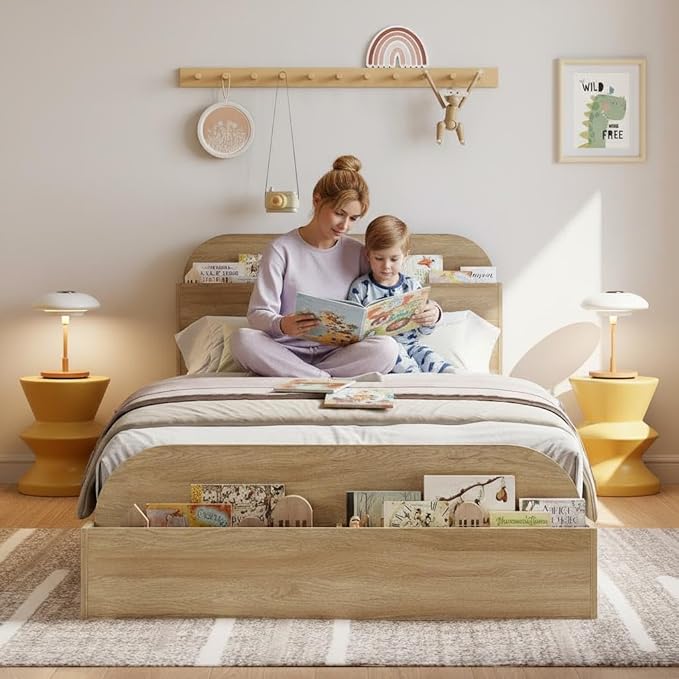 Garvee Twin XL Size Bed Frame with Storage Headboard and Raised Footboard – Wooden Twin-Floor Low Platform Bed for Kids, Heavy Duty & Noise Free, No Box Spring Needed, Natural Wood