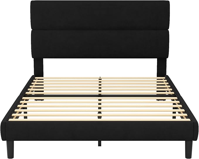 GRUSIGN Queen Size Platform Bed Frame with Velvet Headboard, Adjustable Height Wooden Slats Support, Upholstered Mattress Foundation, Fits Mattress or Mattress with Box Spring, Easy Assembly, Black