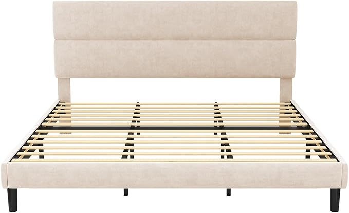 GRUSIGN King Size Platform Bed Frame with Velvet Headboard, Adjustable Height Wooden Slats Support, Upholstered Mattress Foundation, Fits Mattress or Mattress with Box Spring, Easy Assembly, Beige