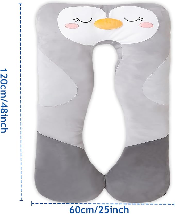 47x23 inch U Shaped Long Plush Body Pillows for Kids, Stuffed Animal Penguin Soft Large Pillow for Sleeping, Big Cute Plushies, Washable Cover, Gift for Boys and Girls