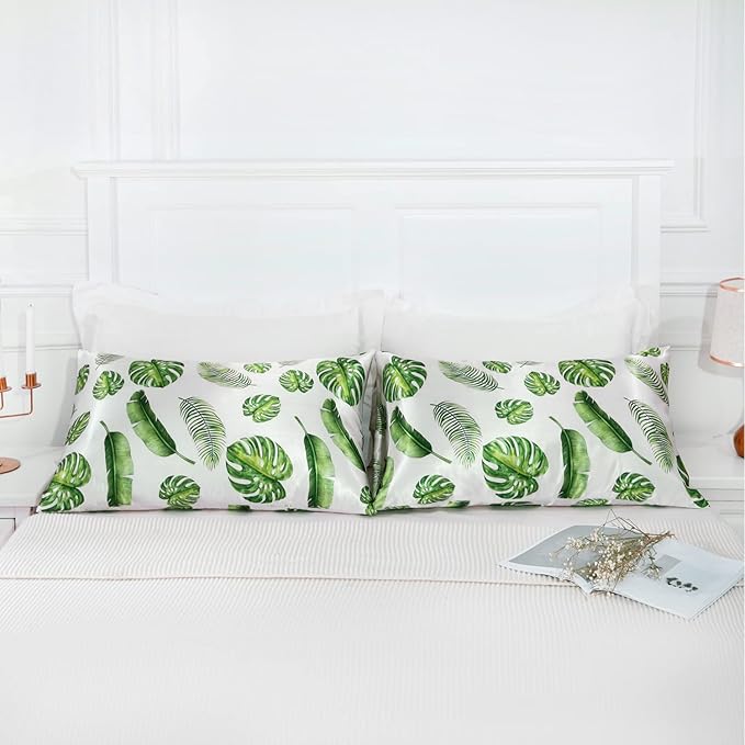 MR&HM Satin Pillowcase for Hair and Skin, Silk Satin Pillowcase 2 Pack, King Size Pillow Cases Set of 2, Silky Pillow Cover with Envelope Closure (20x36, Leaves)