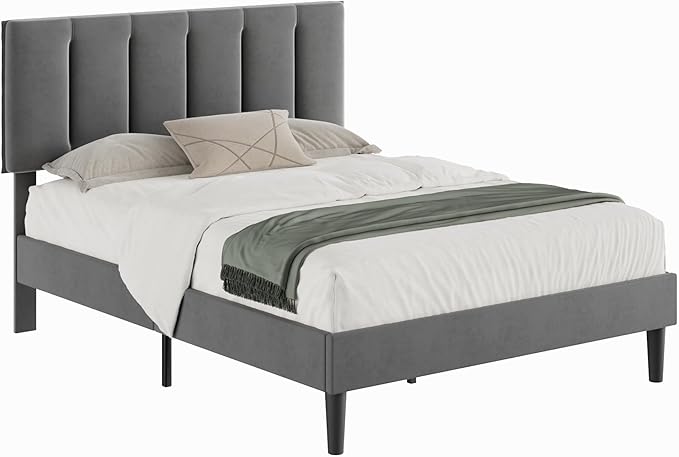 VECELO Full Size Bed Frame with Upholstered Headboard, Platform Bedframe with Strong Wooden Slats Support, No Boxing Spring Needed, Dark Grey