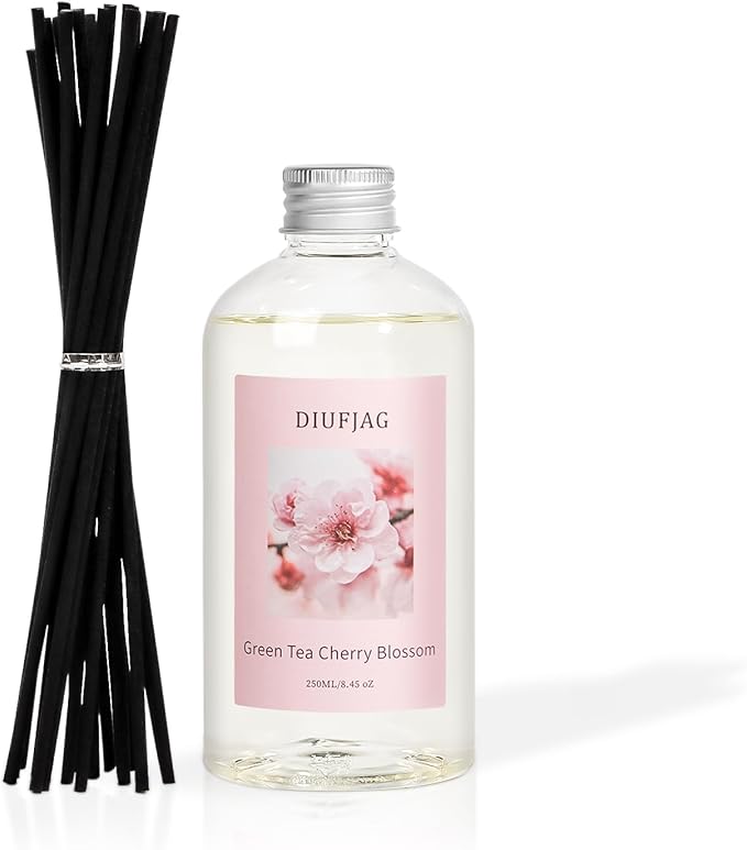 Green Tea Cherry Blossom Diffuser with 20 Black Fiber Sticks, 6.7 oz Diffusers for Home Essentials Bathroom,Last up to 60 Days(200ml