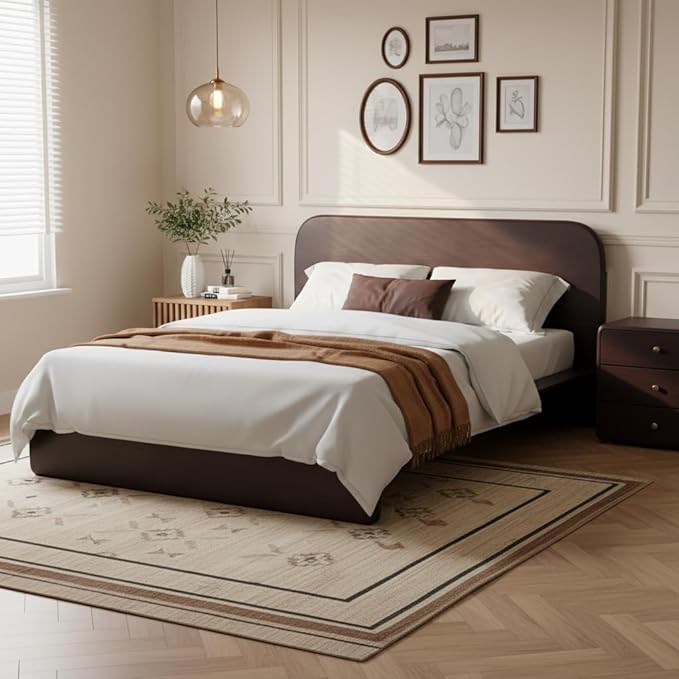 Merax Walnut Queen Size Platform Bed Frame, Modern Minimalist Wood Bed Frame with Rounded Headboard, Heavy Duty 800 lbs Support, No Box Spring Needed