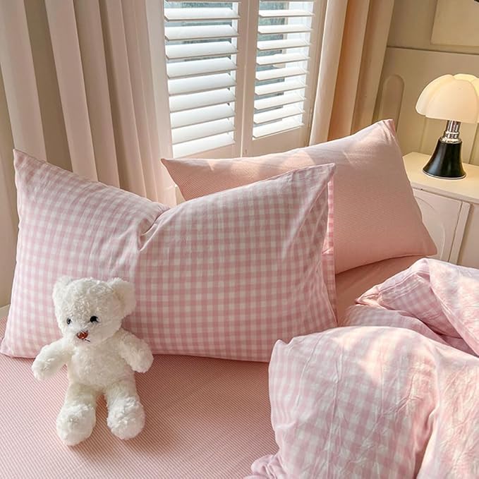 Nayoroom Gingham Duvet Cover Full Size Pink White Plaid Checkered Comforter Cover 3 Pcs Soft Breathable Washed Microfiber Grid Farmhouse Bedding Set with Pillow Shams