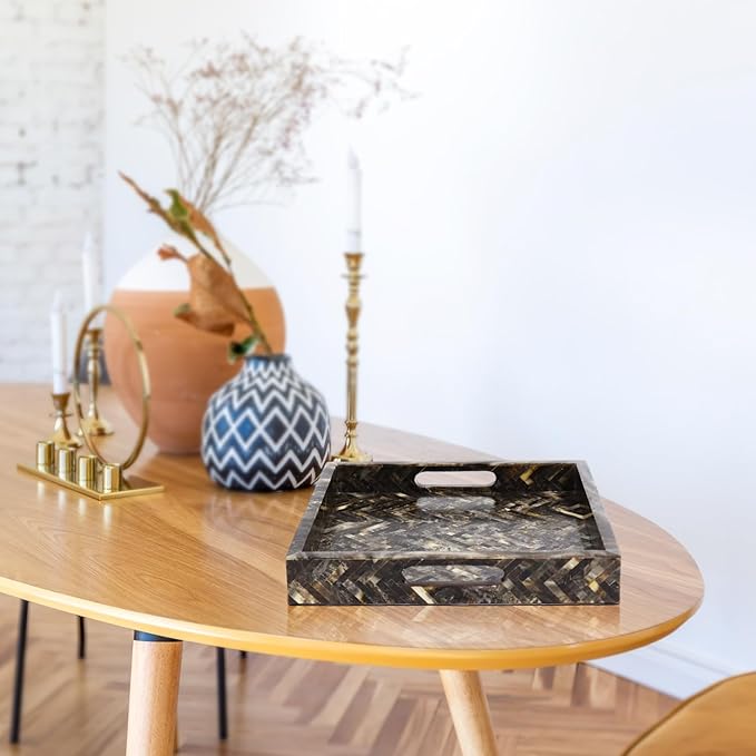 Handicrafts Home 12"x12" Decorative Tray, Resin Inlay Ottoman Coffee Table Tray with Handles, Square Serving Tray for Breakfast, Vanity, Centerpiece Decor for Living Room Dining