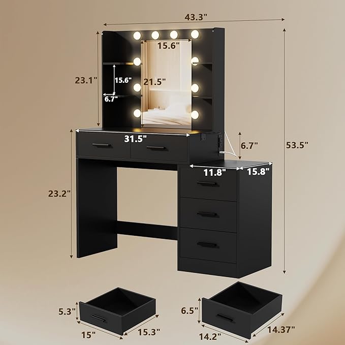 Furmax Makeup Vanity Desk with Mirror and Power Outlet, Vanity with 3 Color Light Options Adjustable Brightness, Vanity Table with 5 Drawers, 6 Storage Shelves, Nightstands (Black)