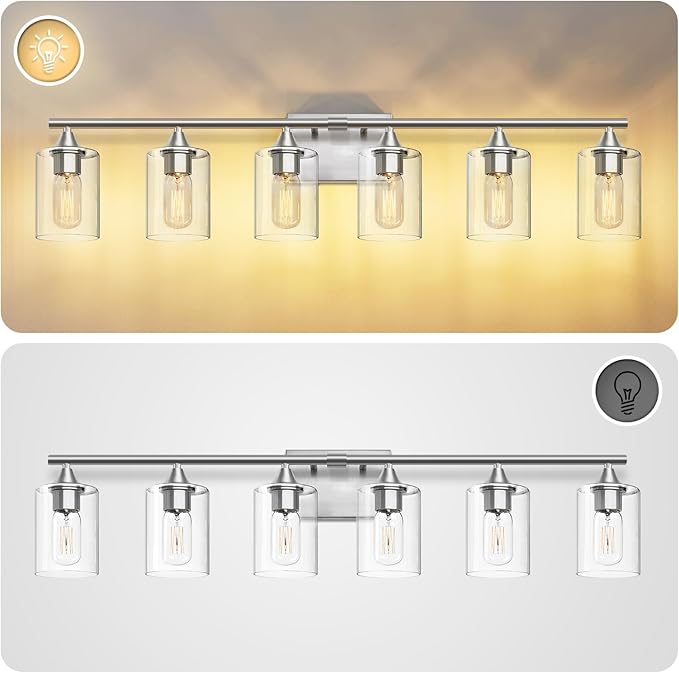 6-Light Bathroom Lighting Fixtures Over Mirror,Brushed Nickel Light Fixture Bathroom,Vanity Light with Clear Glass Shade,Modern Wall Lights for Mirror Bedroom Living Hallway