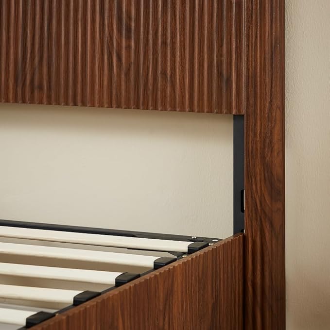 Bellemave King Lift Up Storage Bed, Walnut Wood Lift Up Bedframe King, Wooden Corrugated Curved Lines, Hydraulic Storage,Walnut