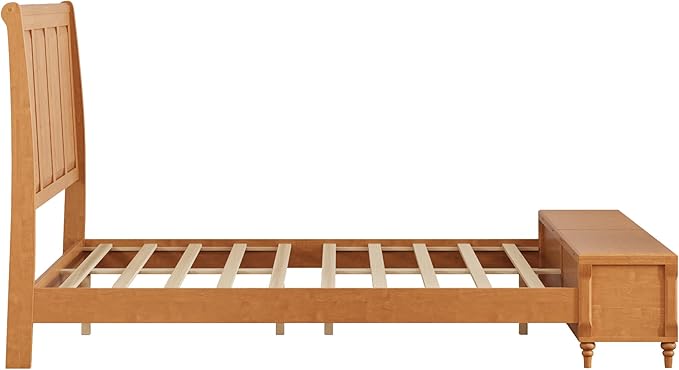 KEIKI Queen Size Platform Bed Frame with Storage Chest, Wooden Sleigh Bed with High Headboard and Footboard Storage Bench, Solid Wood Construction, No Box Spring Needed, Natural