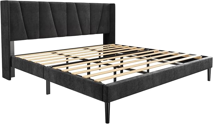 Sismplly King Bed Frame with Headboard, Velvet Upholstered King Size Platform Bed with Wingback, Mattress Foundation with Wooden Slat Support, No Box Spring Needed, Easy Assembly, Noise Free, Black