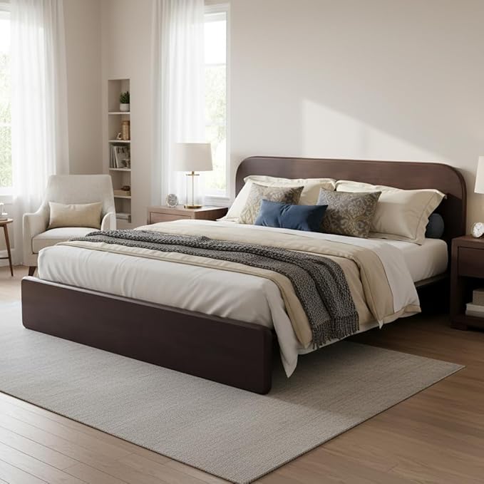 Merax Walnut King Size Platform Bed Frame, Modern Minimalist Wood Bed Frame with Rounded Headboard, Heavy Duty 800 lbs Support, No Box Spring Needed