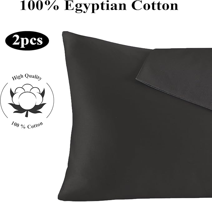 100% Egyptian Cotton Pillow Protectors Set of 2, 600 Thread Count Standard Size Bed Pillow Cases with Zipper, Sateen Weave Cooling Pillow Cases Quiet and Breathable Easy Care (2PCS, Standard, Black)
