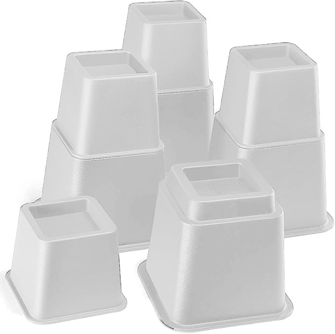 HOME IT Adjustable Bed Risers - Elevation in 3, 5 or 8 Inch - Heavy Duty Stackable Furniture Risers Supports 1,300 lbs - for Under-Bed Storage, College Dorms, Table and Couch, 4 Pack White