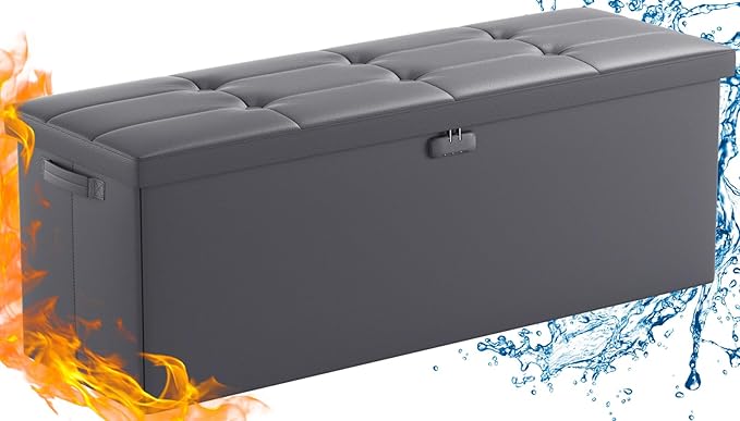 ENGPOW Storage Ottoman, Fireproof Folding Bench with Lock(15”x 43”x15”), Water-Resistant & Heat Insulation Large Storage Chest with Handles&2 Extra Spaces Safe for Living Room, Bedroom, Home, Grey