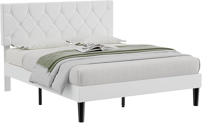 VECELO Queen Bed Frame with Button Tufted Headboard, Upholstered Platform with Wooden Slat Support, No Box Spring Needed, White