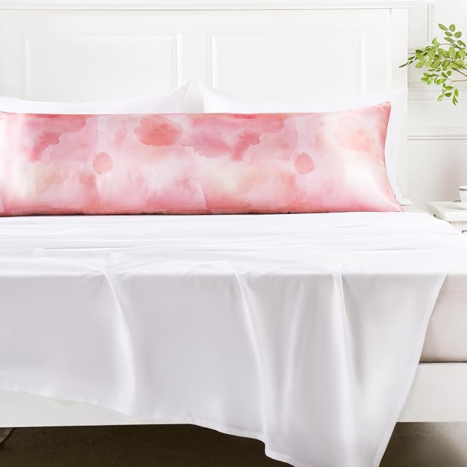 MR&HM Satin Body Pillow Cover, Soft and Breathable Body Pillow Case with Envelope Closure, Cooling and Silky Long Pillowcase for Hair and Skin,Grey (20x54, Dream Pink)
