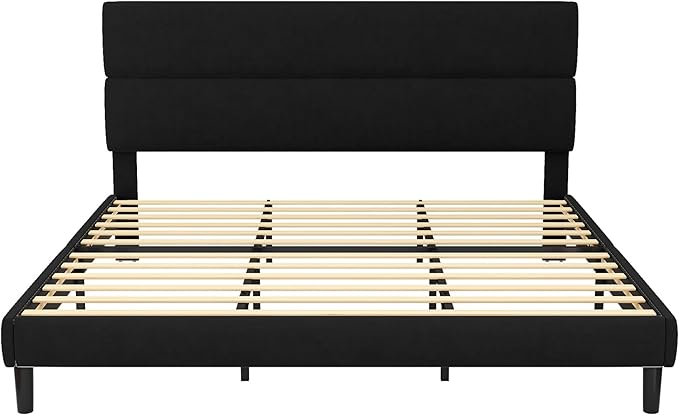 GRUSIGN King Size Platform Bed Frame with Velvet Headboard, Adjustable Height Wooden Slats Support, Upholstered Mattress Foundation, Fits Mattress or Mattress with Box Spring, Easy Assembly, Black