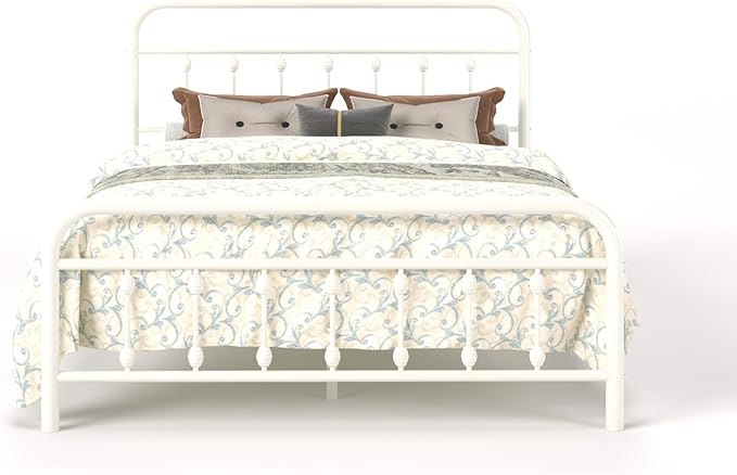 SHA CERLIN Full Size Metal Platform Bed Frame with Victorian Style Iron-Art Headboard and Footboard, Easy Assembly, Under Bed Storage, No Box Spring Required, Off White