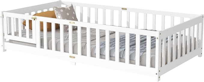 Bellemave Montessori Twin Floor Bed Frame with Fence and Removable Door, Low Profile Twin Size Montessori Bed Frame for Kids, Solid Wooden Floor Beds with Slats for Bedroom,Nursery, White