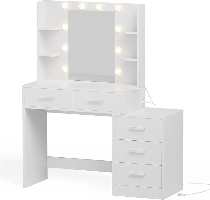 YESHOMY Makeup Vanity Desk with Mirror & Lights, Vanity Table with 5 Drawer, 6 Shelves, Charging Station for Bedroom, Dressing Room, Milk White