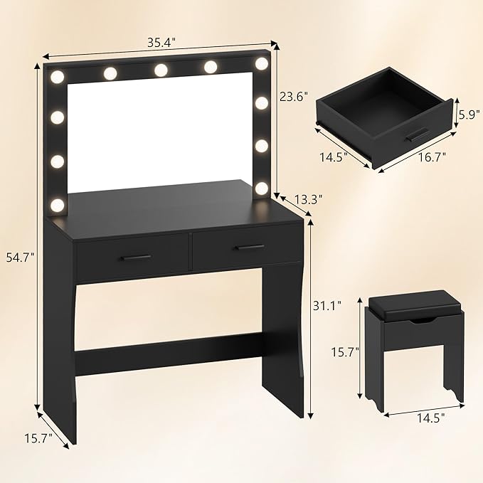 YESHOMY Vanity Desk with Mirror, Power Outlet and 11 Lights, Makeup Table with 2 Drawers, 3 Color Modes Available for Bedroom, Ash Black