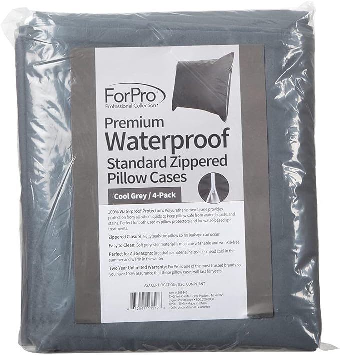 ForPro Professional Collection Premium Waterproof Pillow Protectors, Standard Size Pillow Cases with Zipper, Cool Grey, 4-Count