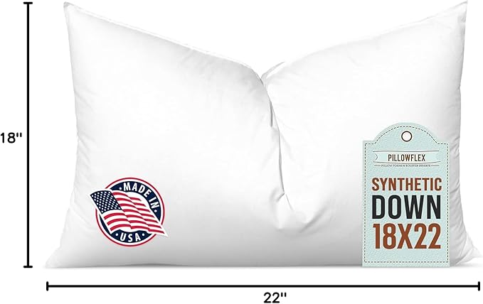 Pillowflex Synthetic Down Pillow Insert - 18x22 Down Alternative Pillow, Ultra Soft, Large Rectangle, Lumbar, Back, Neck, Sleeping Pillow - 1 Decorative Pillow Form