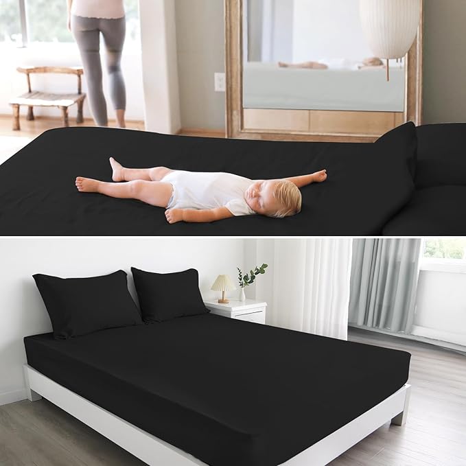 2 Pack Full Size Mattress Protector Waterproof Cover, Waterproof Bed Full Fitted Sheet Only, Machine Washable 14" Deep Pocket Mattress Covers for Double Bed, Black