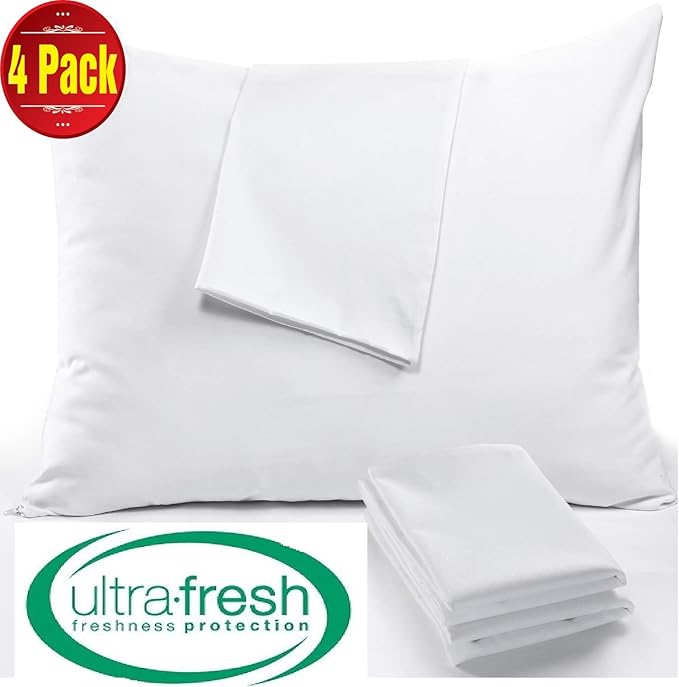 Niagara 4 Pack Pillow Protectors Standard 20x26 Inches Lab Certified Ultra Fresh Treated 100% Cotton Non Crinkle Quiet Breathable Zipper Covers Cases White