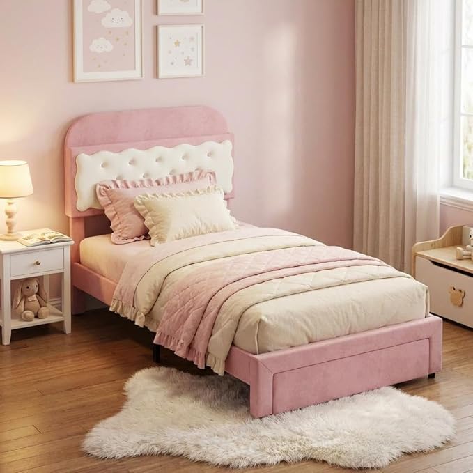 Garvee Twin Bed Frames, Velvet Upholstered Platform Bed with Biscuit Tufted Storage Headboard, Drawer, Sturdy Wood Slats, No Box Spring Needed, Easy Assembly