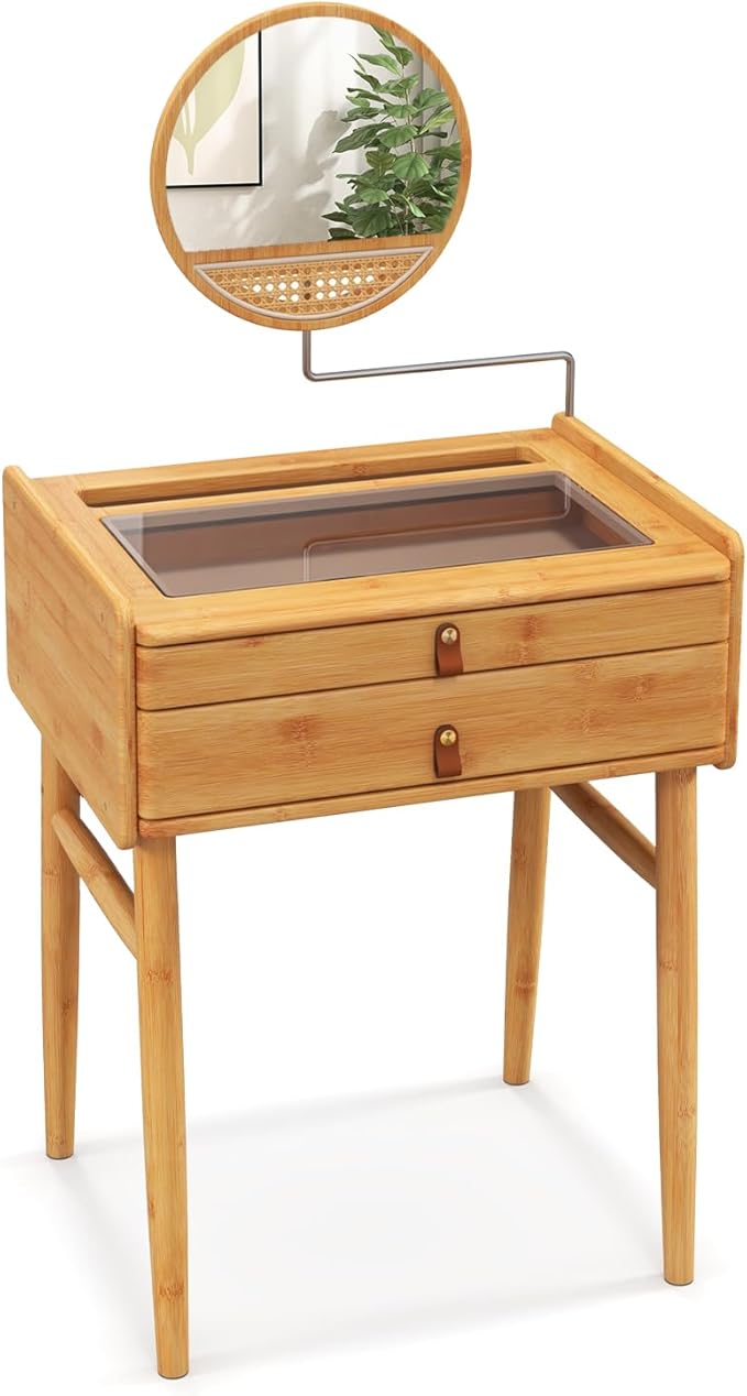 CHARMAID Bamboo Vanity Desk with 360° Rotating Mirror, Glass Top & 2 Drawers, Natural Makeup Vanity Table with Deep Storage Alcove, Small Space Dressing Table for Bedroom