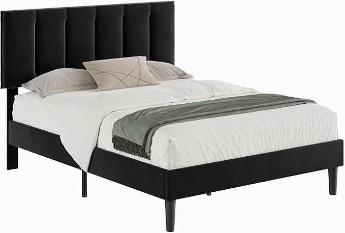 VECELO Full Bed Frame with Upholstered Headboard, Heavy-Duty Platform Bedframe with Strong Wooden Slats Support, No Boxing Spring Needed, Velvet & Black