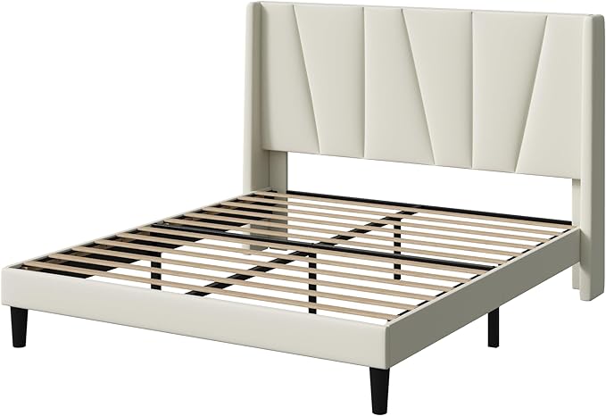 Allewie Queen Size Platform Velvet Bed Frame with Geometric Wingback Headboard, Boho Upholstered Bed with Wooden Slats Support, No Box Spring Needed, Easy Assembly, Cream