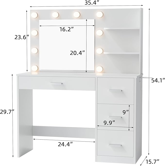 YESHOMY Vanity Desk with Mirror, 10 Lights, Power Outlet and 3 Storage Shelves, Makeup Table with 4 Drawers, 3 Color Modes, for Bedroom, Pure White