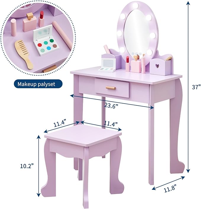 GarveeHome Kids Vanity with Lighted Mirror, Toddler Vanity Table and Chair Set, Girls Makeup Playset, Purple