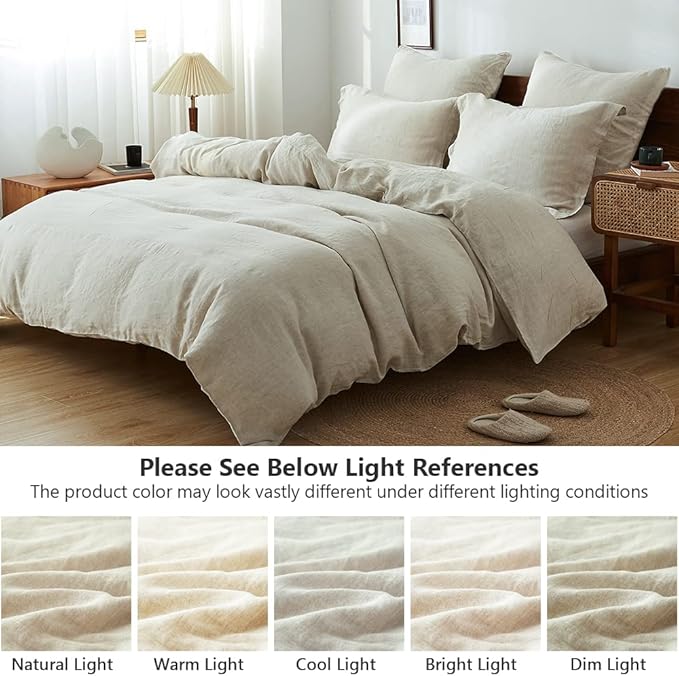 Simple&Opulence 100% Washed Linen Duvet Cover Set 5pcs(1 Duvet Cover& 2 Shams& 2 Pillowcases) Basic Style Natural French Flax Soft Breathable Farmhouse Bedding (Queen, Linen)