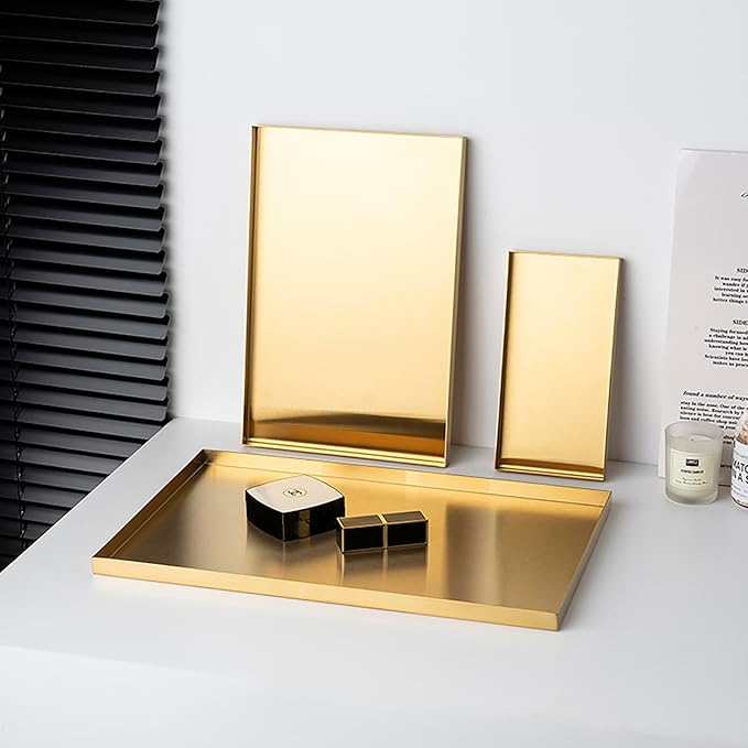 FREELOVE Gold Tray for Bathroom Vanity Brass Decor, Small Candle Holder, Rectangle Soap Dish, Brushed Square Plate, Coffee Table Toilet Back Modern Antique, 10''X15''