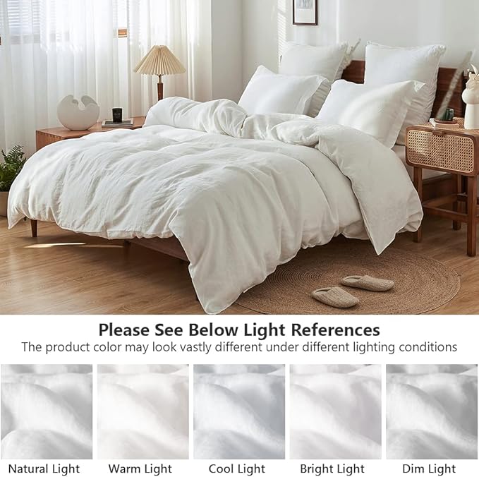 Simple&Opulence 100% Washed Linen Duvet Cover Set 5pcs(1 Duvet Cover& 2 Shams& 2 Pillowcases) Basic Style Natural French Flax Soft Breathable Farmhouse Bedding (King, White)