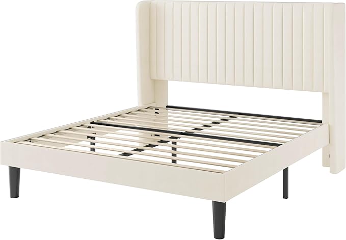 SHA CERLIN Full Size Velvet Bed Frame with Vertical Channel Tufted Wingback Headboard, Upholstered Platform Bed with Wood Slats, No Box Spring Needed, Easy Assembly, Cream White