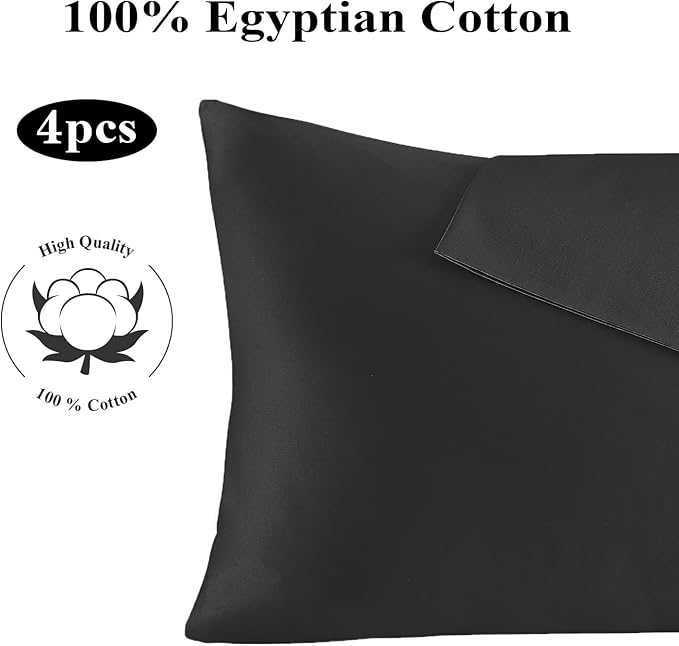100% Egyptian Cotton Pillow Protectors Set of 4, 600 Thread Count King Size Bed Pillow Cases with Zipper, Sateen Weave Cooling Pillow Cases Quiet and Breathable Easy Care(4PCS, King, Black)