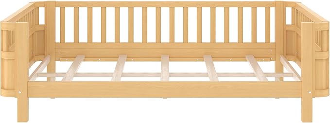 Bellemave Full Size Montessori Bed with Fence and Slats, Full Size Low Platform Bed Frame with Detachable Side Bed Rails and Rounded Corner Design, Easy Assemble Montessori Bed Natural